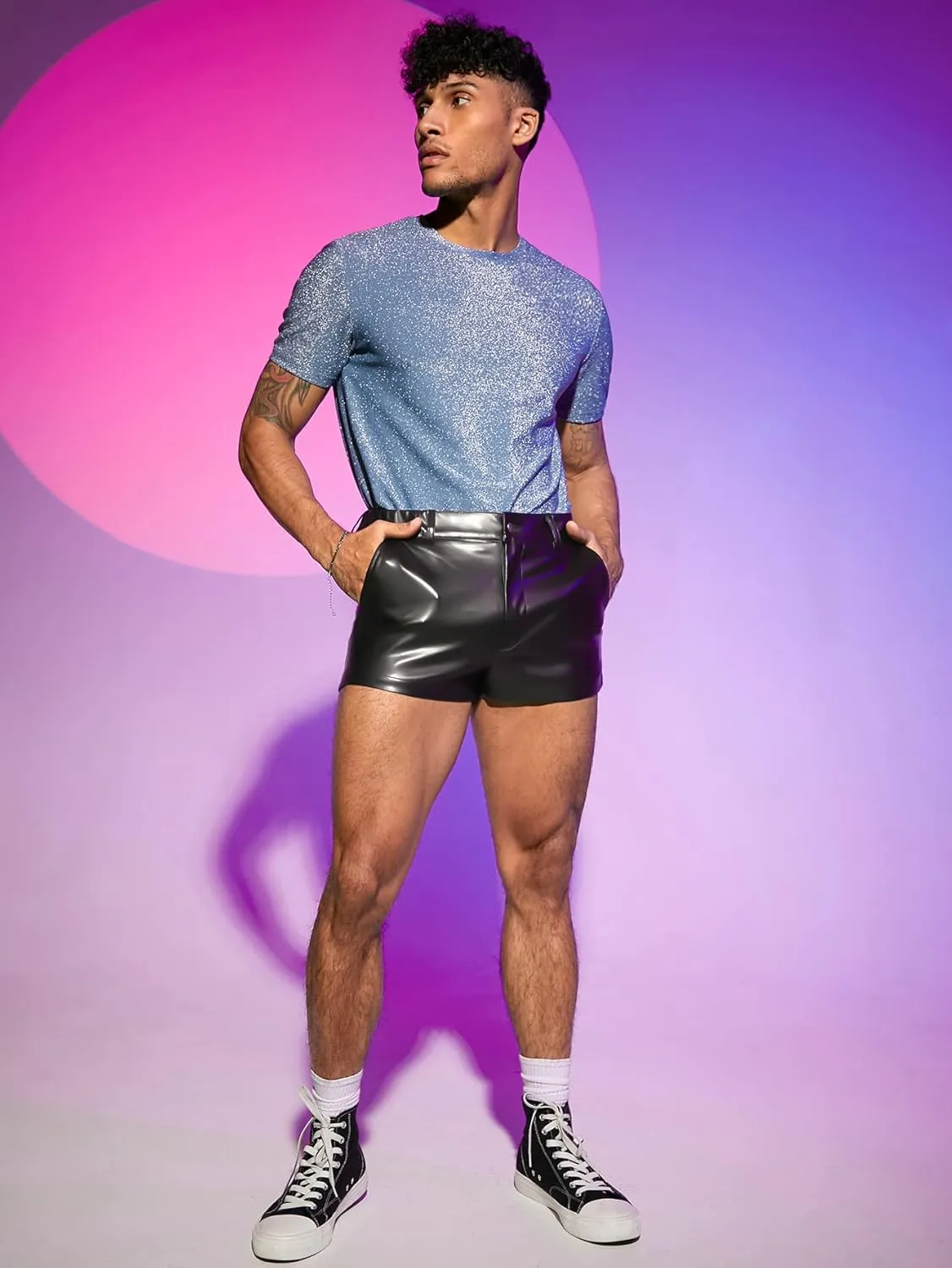 GORGLITTER Men's PU Leather Shorts Elastic Waist Rave Hot Short Pants with Pockets