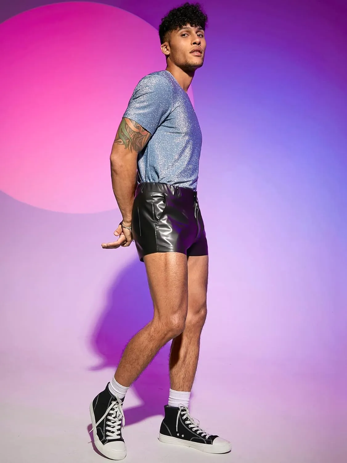 GORGLITTER Men's PU Leather Shorts Elastic Waist Rave Hot Short Pants with Pockets