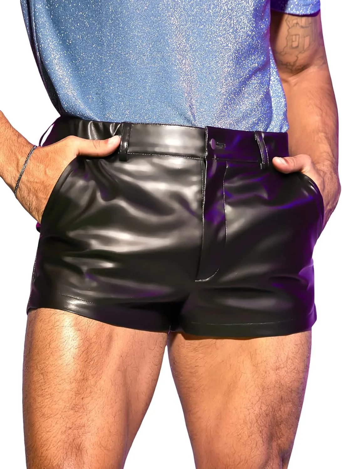 GORGLITTER Men's PU Leather Shorts Elastic Waist Rave Hot Short Pants with Pockets