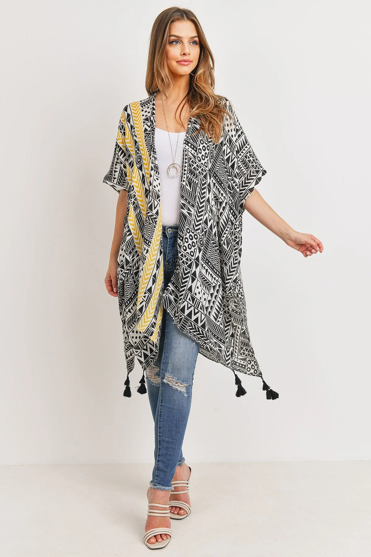 Hdf3162 - Tribal Pattern Print Tasseled Open Front Kimono
