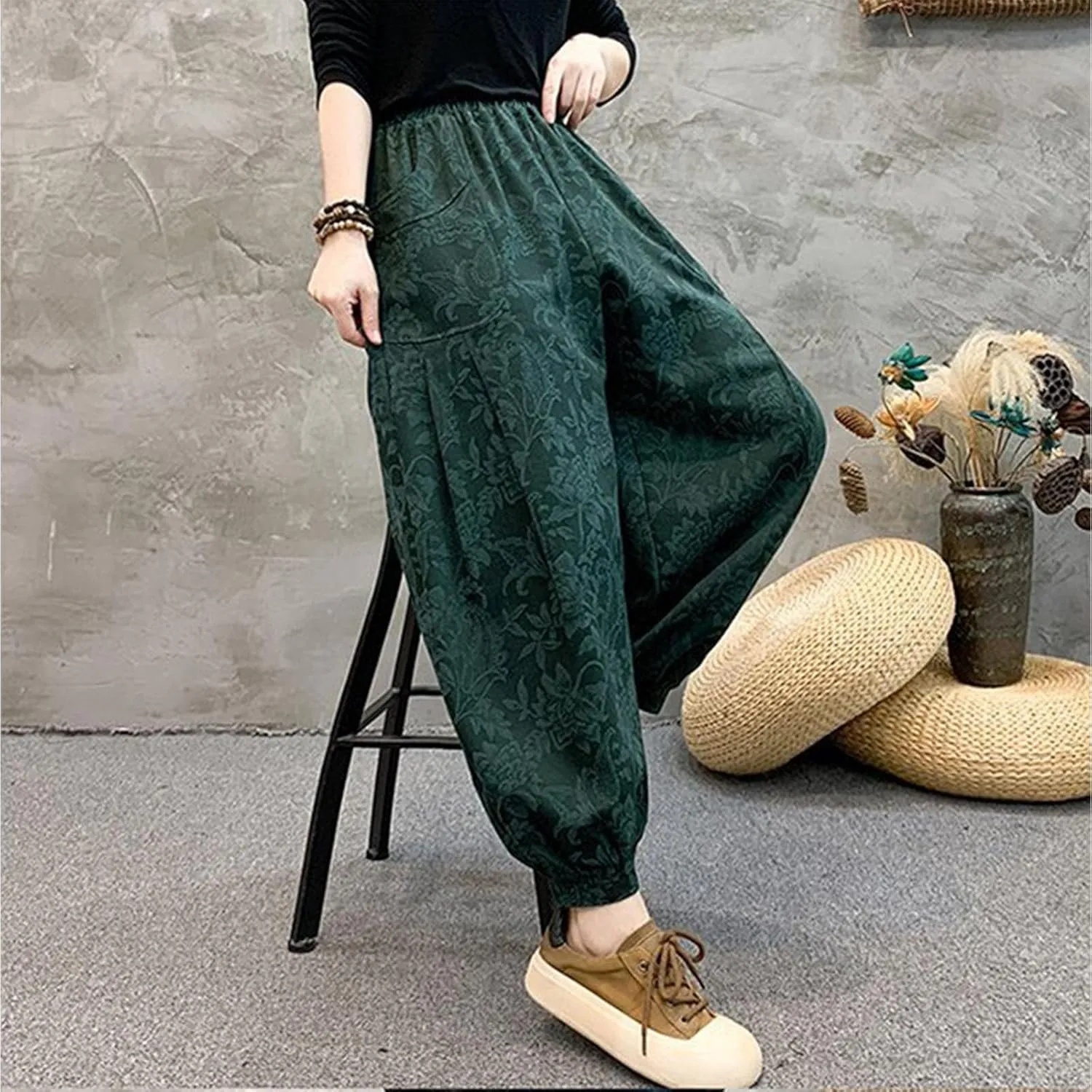 HGps8w Baggy Embroidered Harem Pants for Women Plus Size Casual Comfort Lounge Trousers with Pockets