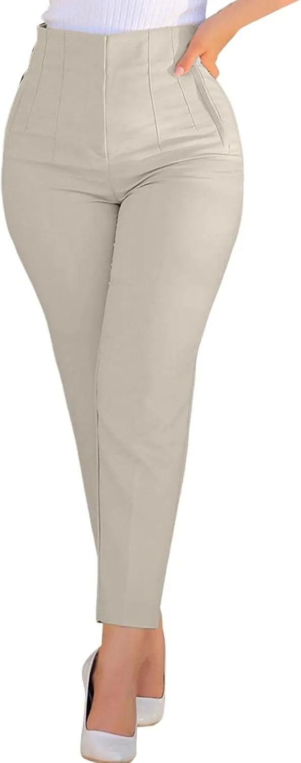 High Waist Cropped Pants for Women Trendy Dressy Slim Fit Business Pants Casual Comfy Pleated Work Trousers with Pockets
