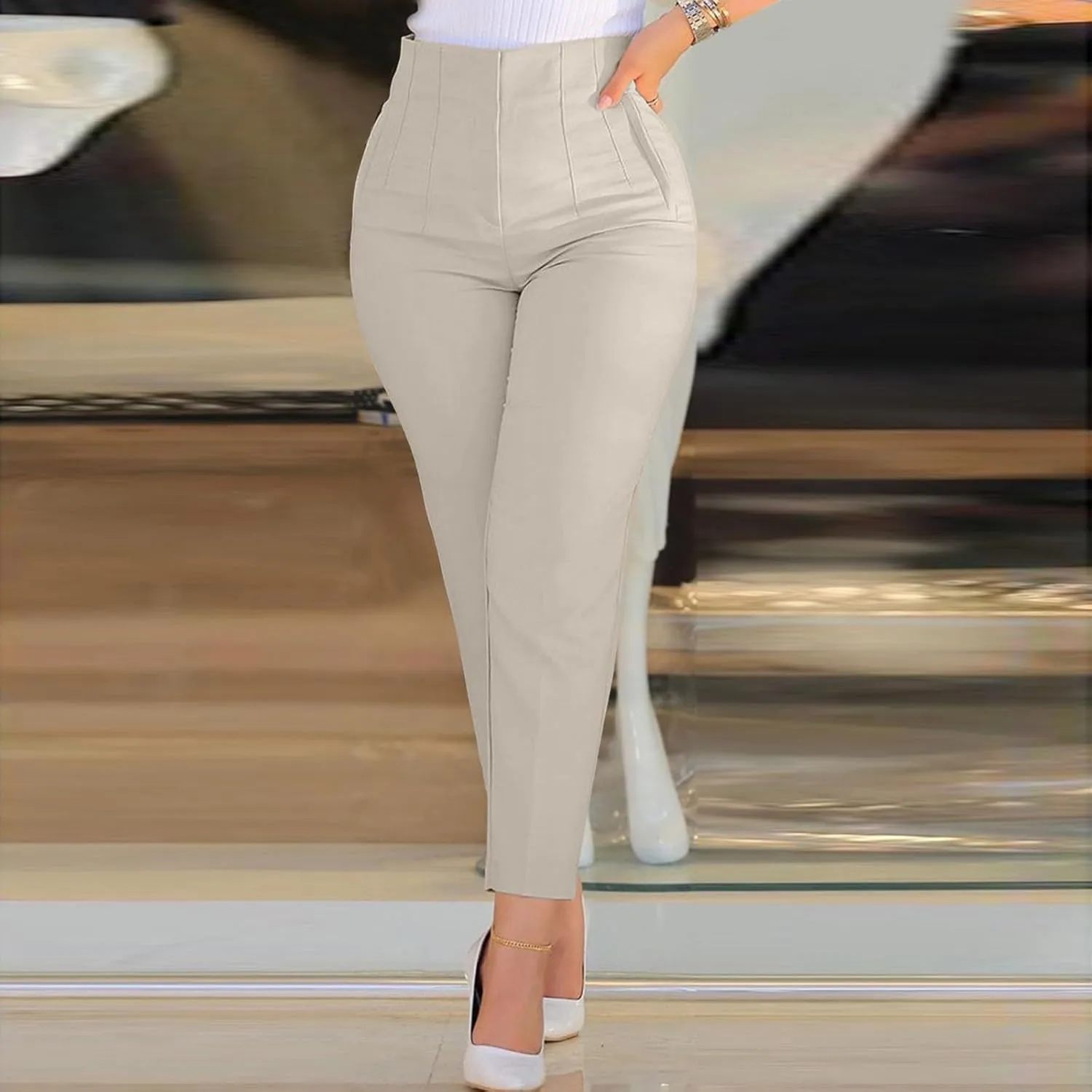 High Waist Cropped Pants for Women Trendy Dressy Slim Fit Business Pants Casual Comfy Pleated Work Trousers with Pockets