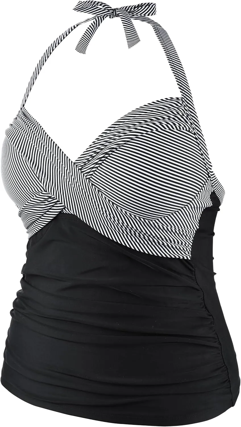 Hilor Women's Underwire Tankini Top Halter V Neck Swimsuits Front Twist Tummy Control Bathing Suit Tops Only