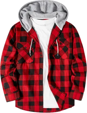 Hooded Flannel Shirt for Men, Lightweight Flannel Jacket Long Sleeve Plaid Causal Button Down Shirts with Pocket