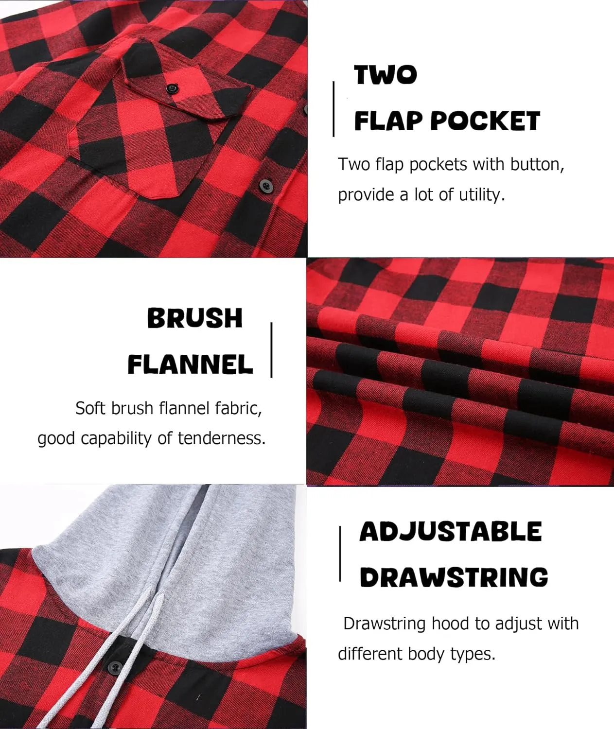 Hooded Flannel Shirt for Men, Lightweight Flannel Jacket Long Sleeve Plaid Causal Button Down Shirts with Pocket