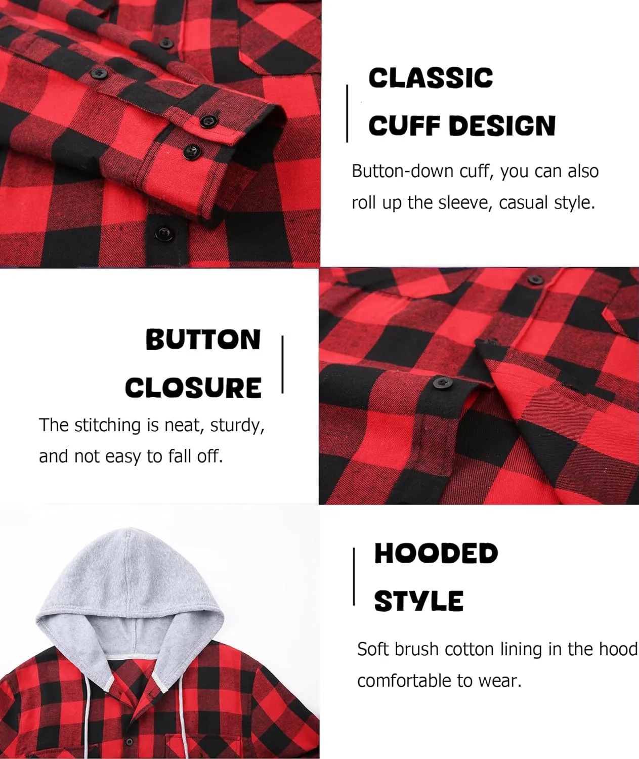 Hooded Flannel Shirt for Men, Lightweight Flannel Jacket Long Sleeve Plaid Causal Button Down Shirts with Pocket