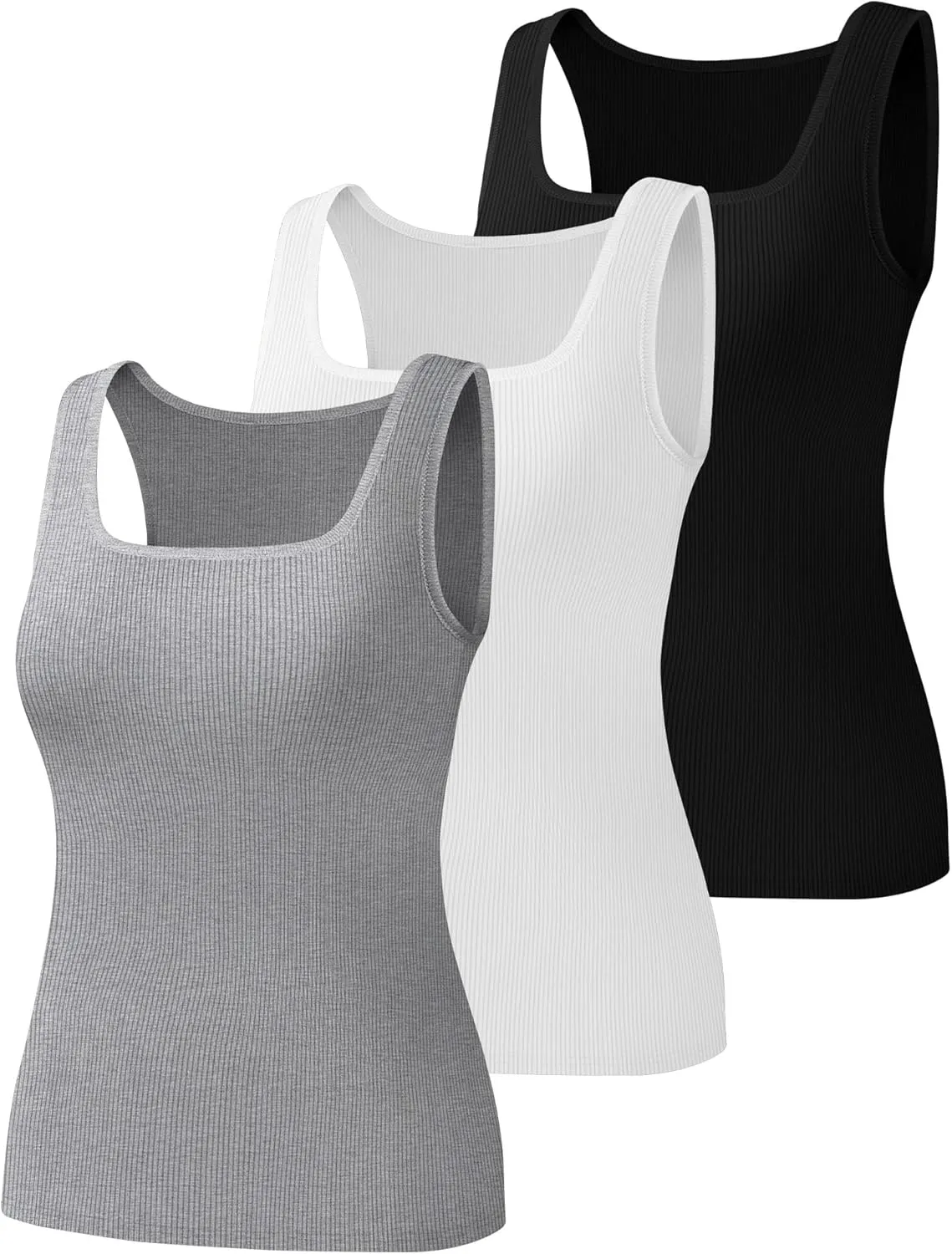 Huukeay 3 Pack Women's Cotton Ribbed Tank Tops, Square Neck Slim Fit Sleeveless Shirts Summer Knit Casual Basic Cami Tee