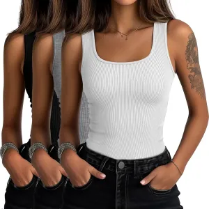 Huukeay 3 Pack Women's Cotton Ribbed Tank Tops, Square Neck Slim Fit Sleeveless Shirts Summer Knit Casual Basic Cami Tee