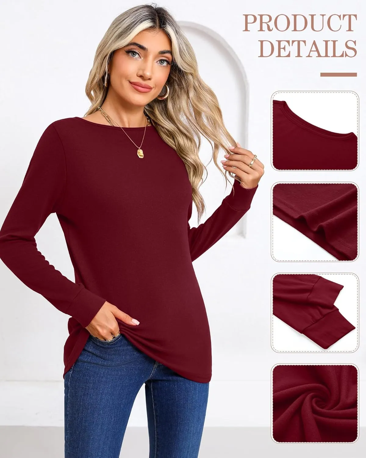 Huukeay 3 Pack Women's Long Sleeve Shirts Cotton Boat Neck Tee Basic Casual Tunic Top Loose Fit Outfits Clothes with Leggings