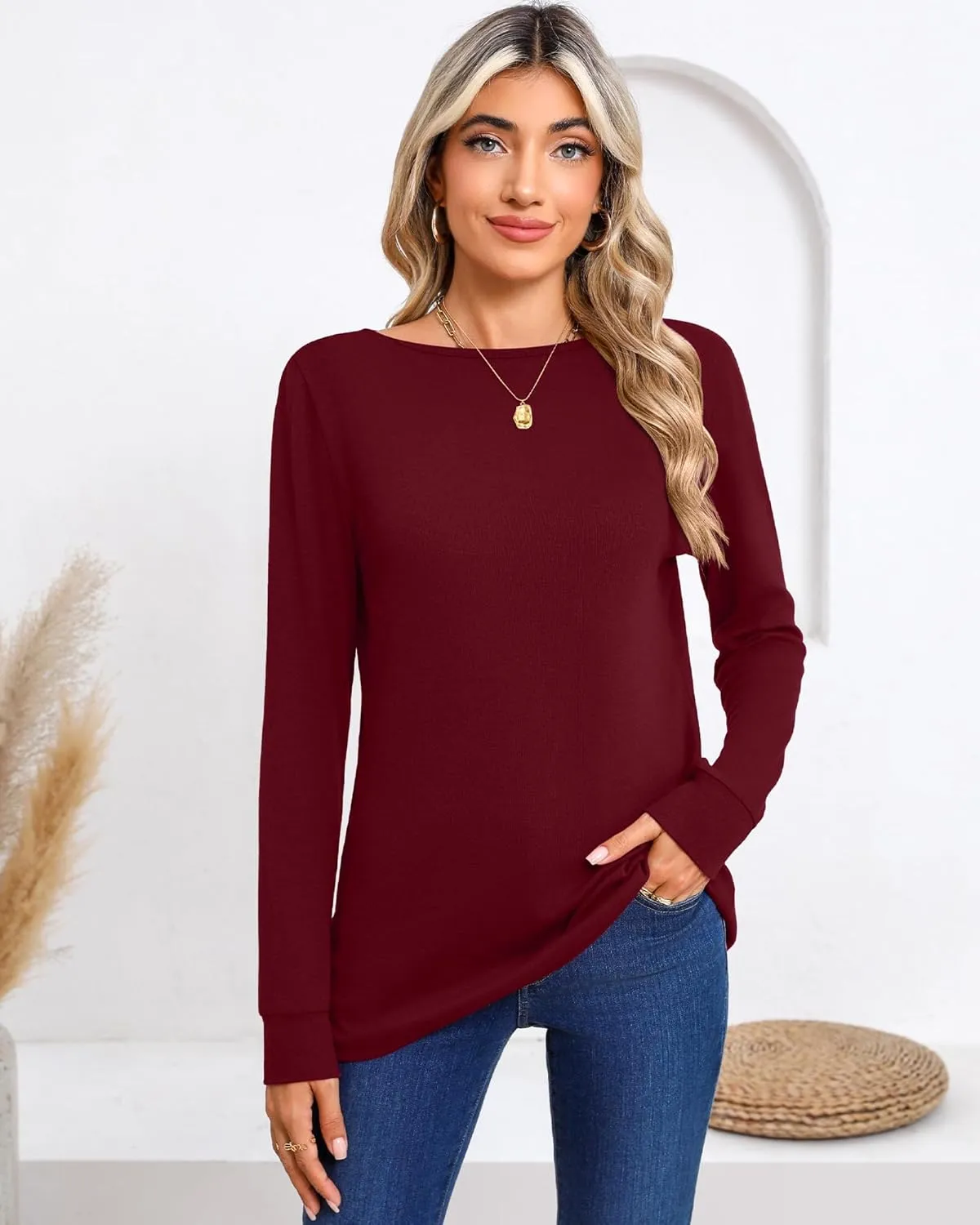 Huukeay 3 Pack Women's Long Sleeve Shirts Cotton Boat Neck Tee Basic Casual Tunic Top Loose Fit Outfits Clothes with Leggings