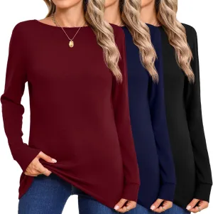 Huukeay 3 Pack Women's Long Sleeve Shirts Cotton Boat Neck Tee Basic Casual Tunic Top Loose Fit Outfits Clothes with Leggings