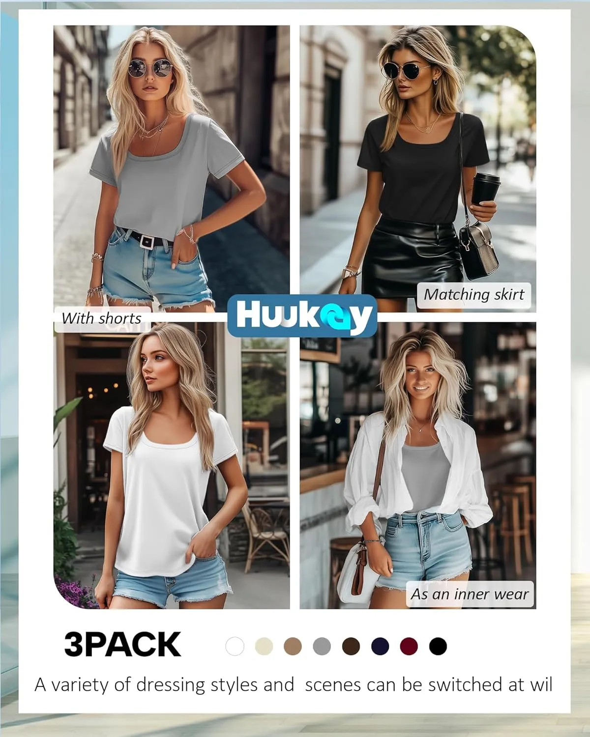 Huukeay 3 Pack Women's Summer Tunic Tops Scoop Neck Short Sleeve Shirt Casual Loose Fit Swing Tee to Wear with Leggings