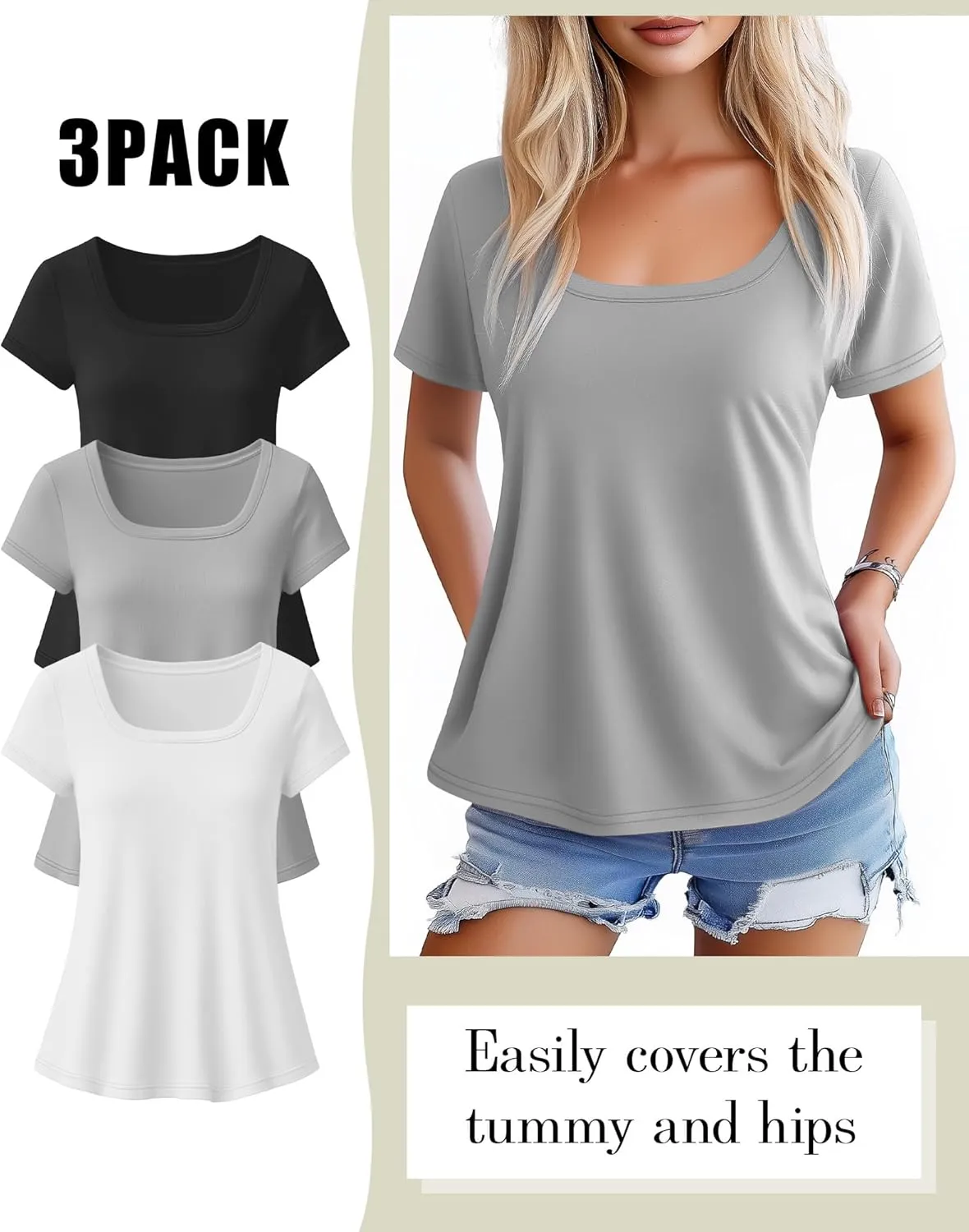 Huukeay 3 Pack Women's Summer Tunic Tops Scoop Neck Short Sleeve Shirt Casual Loose Fit Swing Tee to Wear with Leggings