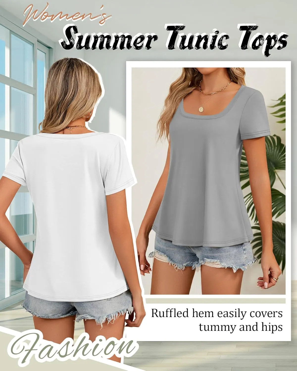 Huukeay 3 Pack Women's Summer Tunic Tops Scoop Neck Short Sleeve Shirt Casual Loose Fit Swing Tee to Wear with Leggings