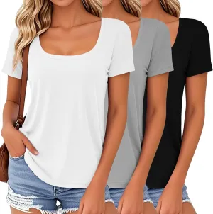 Huukeay 3 Pack Women's Summer Tunic Tops Scoop Neck Short Sleeve Shirt Casual Loose Fit Swing Tee to Wear with Leggings