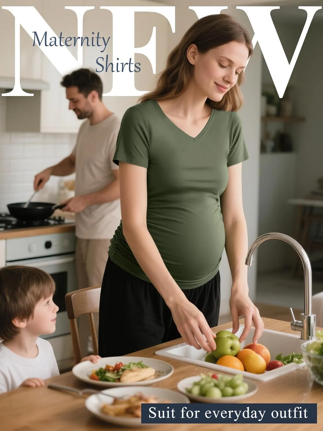 Huukeay 4 Pack Women's Maternity Shirts, V Neck Maternity Top Short Sleeve Casual Cotton Tee Side Ruched Pregnancy Clothes