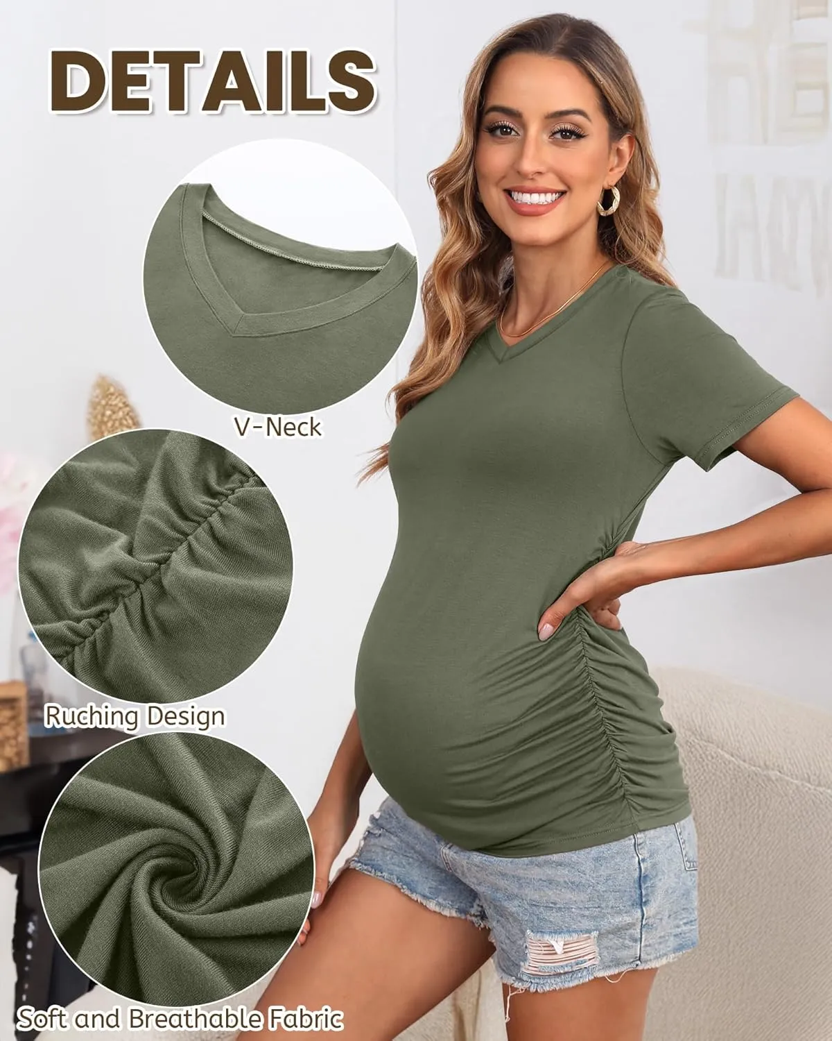 Huukeay 4 Pack Women's Maternity Shirts, V Neck Maternity Top Short Sleeve Casual Cotton Tee Side Ruched Pregnancy Clothes