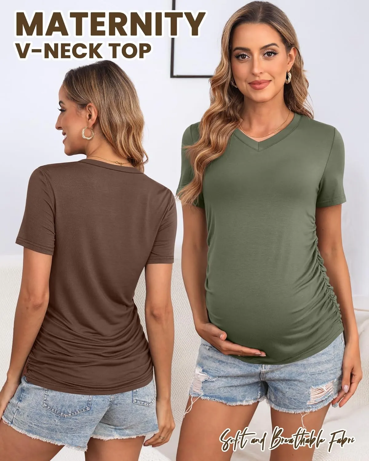Huukeay 4 Pack Women's Maternity Shirts, V Neck Maternity Top Short Sleeve Casual Cotton Tee Side Ruched Pregnancy Clothes