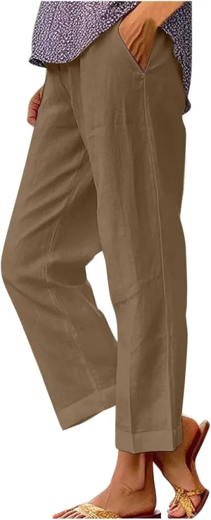 Hvyesh Linen Pants Women Summer, Womens Linen Pants Petite Length Elastic Waist Wed Leg, Straight Leg Pants for Women Casual