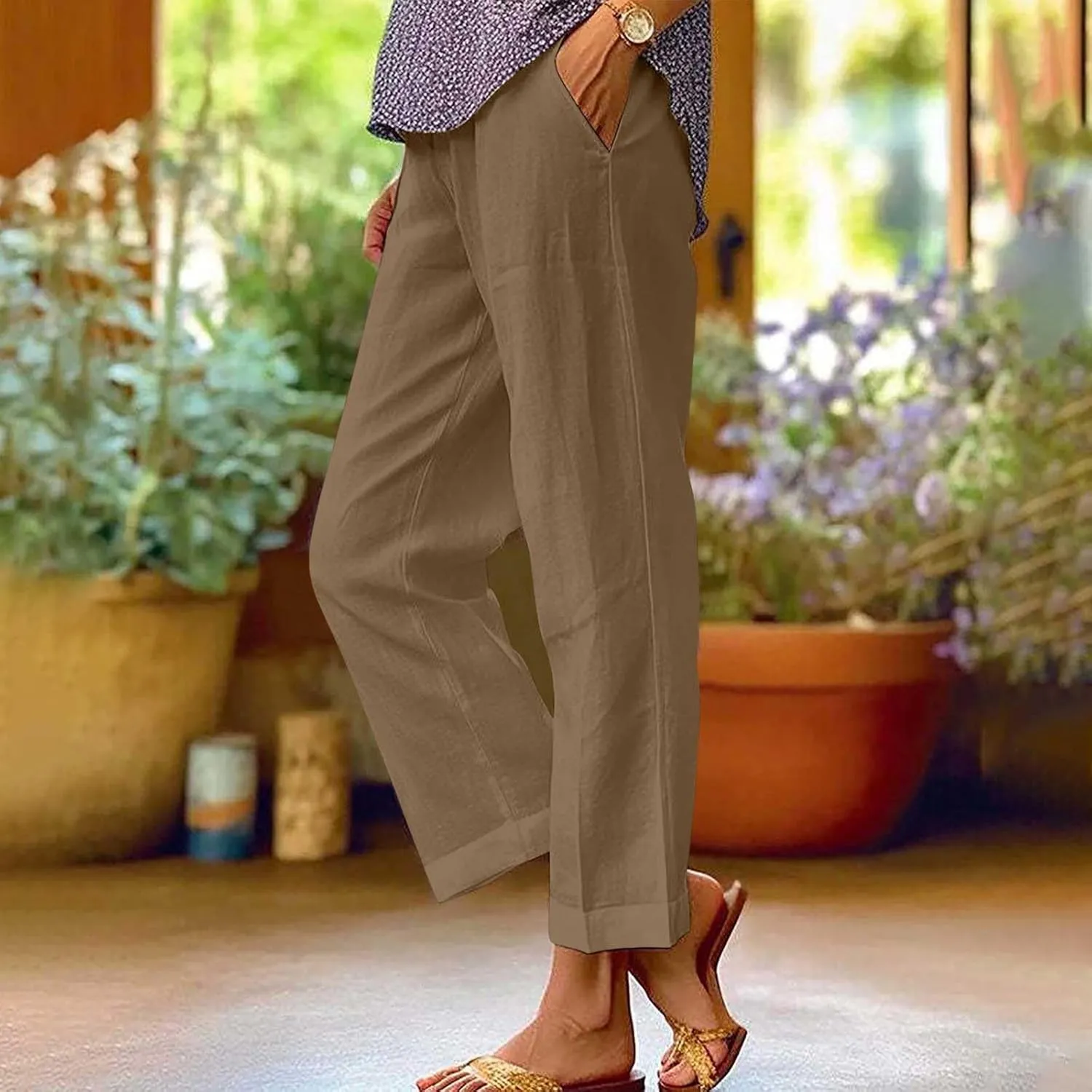 Hvyesh Linen Pants Women Summer, Womens Linen Pants Petite Length Elastic Waist Wed Leg, Straight Leg Pants for Women Casual