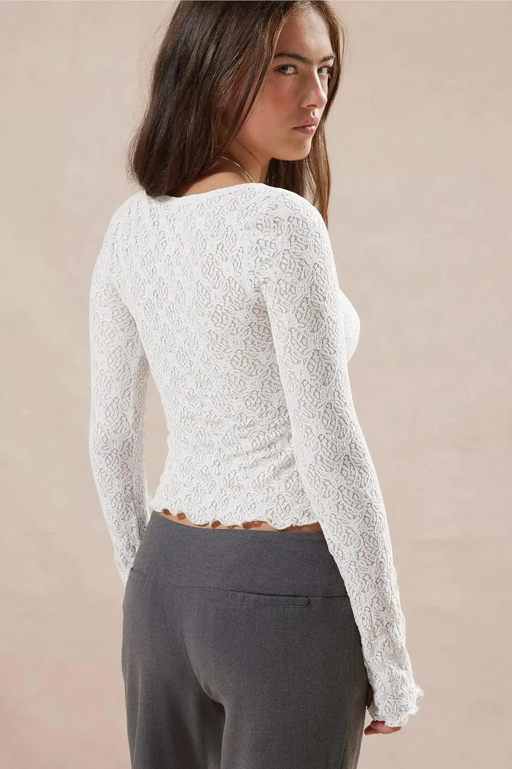 Imily Bela Womens Long Sleeve Scoop Neck Tops Going Out Crop Tops Sexy Slim Fit Blouses Lace Shirts