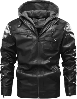 JEShifangjiusu Men?S Casual Stand Collar Pu Faux Leather Zip-Up Motorcycle Bomber Jacket Warm Coat With A Removable Hood