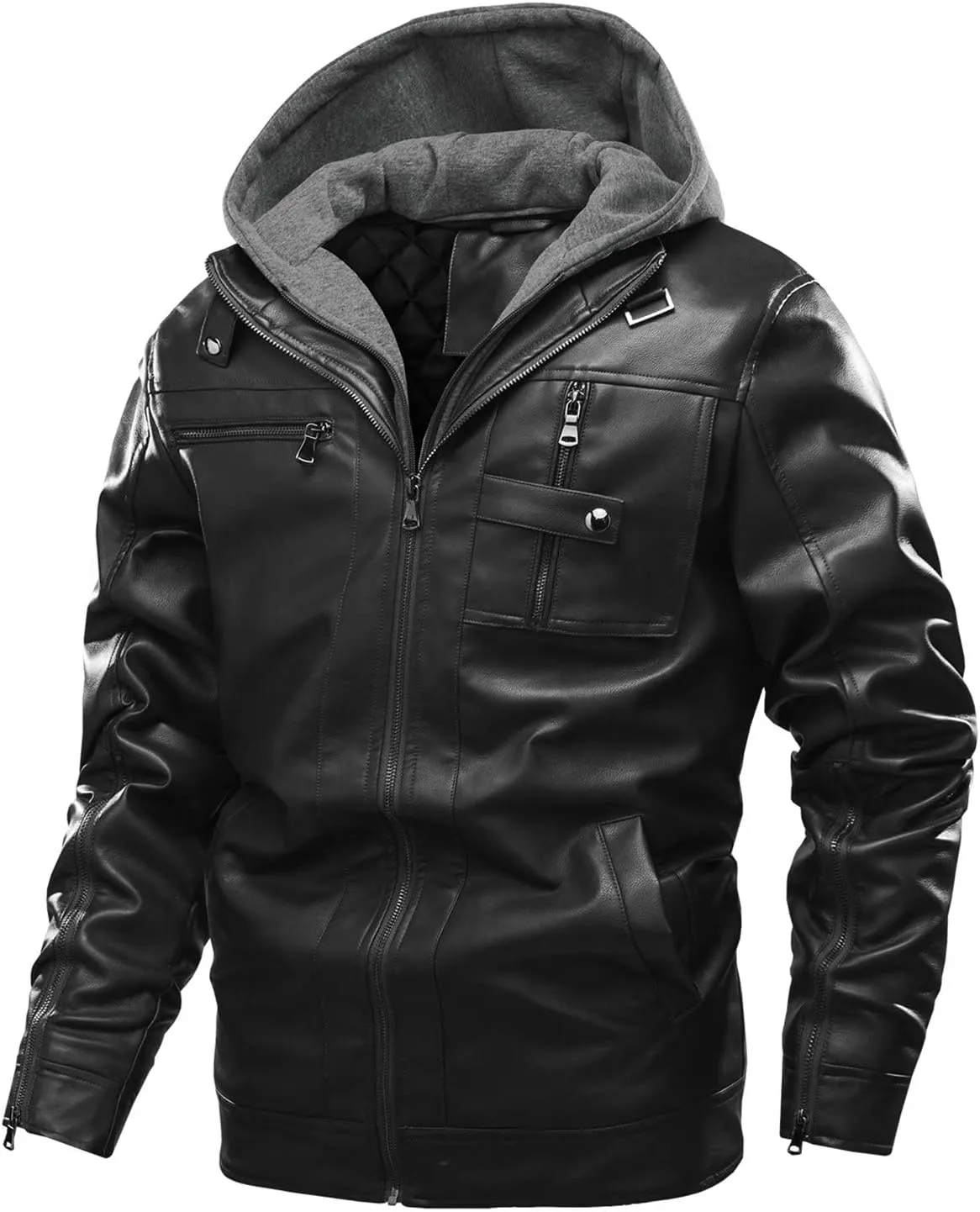 JEShifangjiusu Men?S Casual Stand Collar Pu Faux Leather Zip-Up Motorcycle Bomber Jacket Warm Coat With A Removable Hood