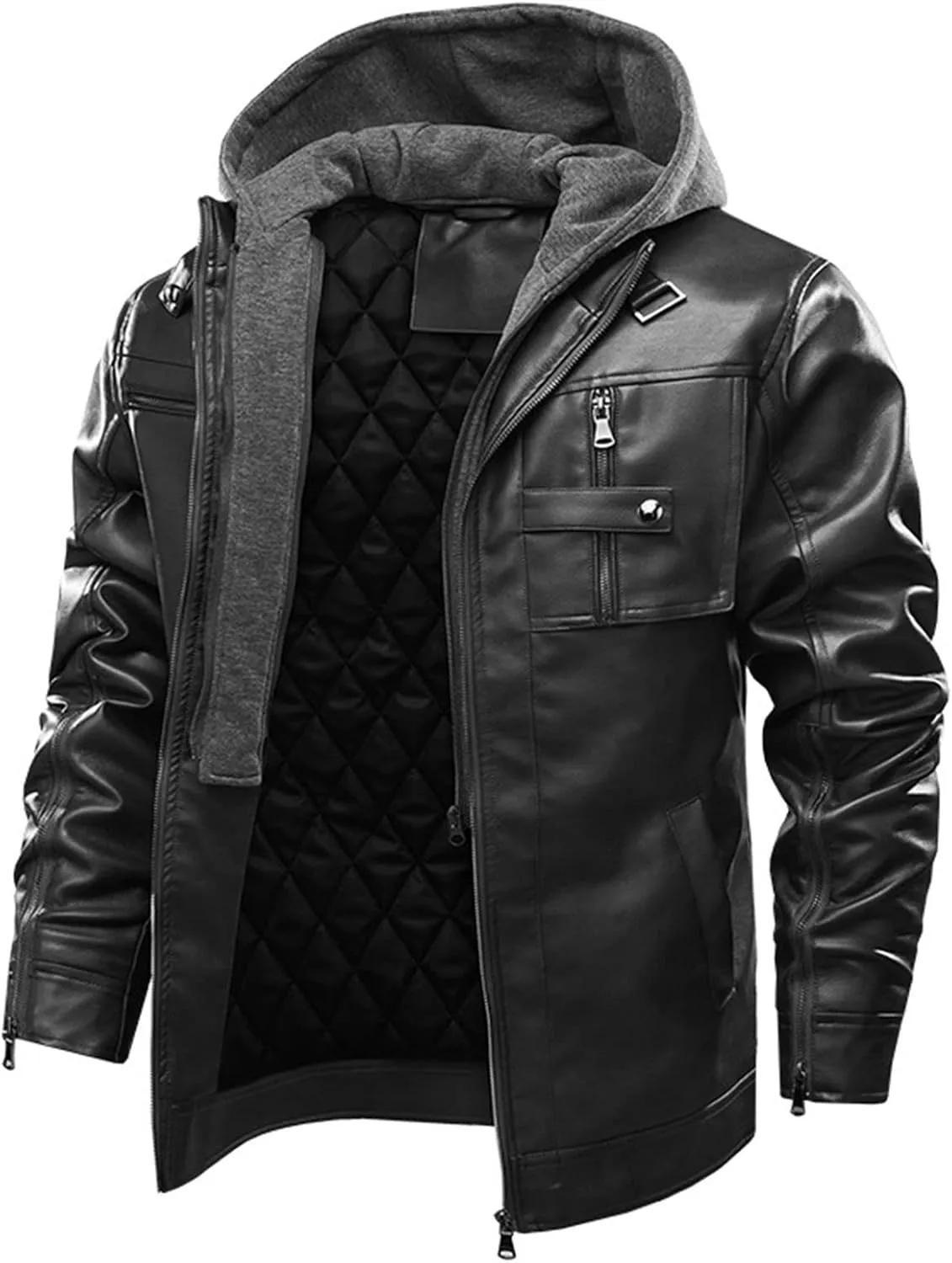 JEShifangjiusu Men?S Casual Stand Collar Pu Faux Leather Zip-Up Motorcycle Bomber Jacket Warm Coat With A Removable Hood