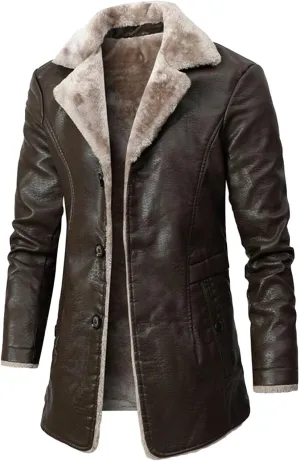 JEsilunmaMY Mens Fur Suit Collar Trench Coat Fashion Business 3 Button Leather Jacket Fall Winter Fleece Sherpa Windbreaker