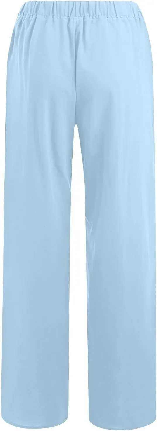 jsaierl Women Linen Wide Leg Pants Summer Loose Flowy Palazzo Pants Drawstring High Waisted Beach Pants Trousers with Pockets