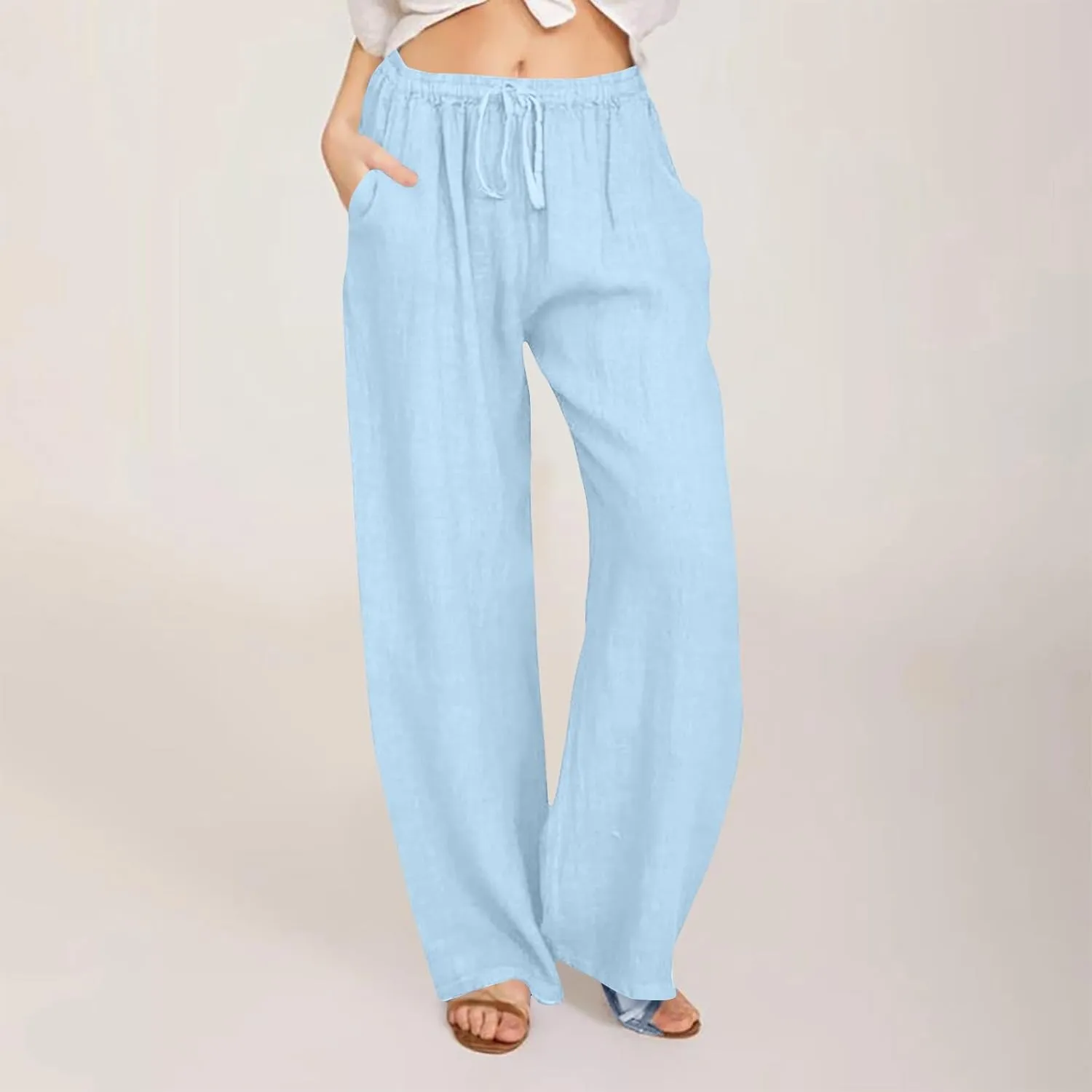 jsaierl Women Linen Wide Leg Pants Summer Loose Flowy Palazzo Pants Drawstring High Waisted Beach Pants Trousers with Pockets