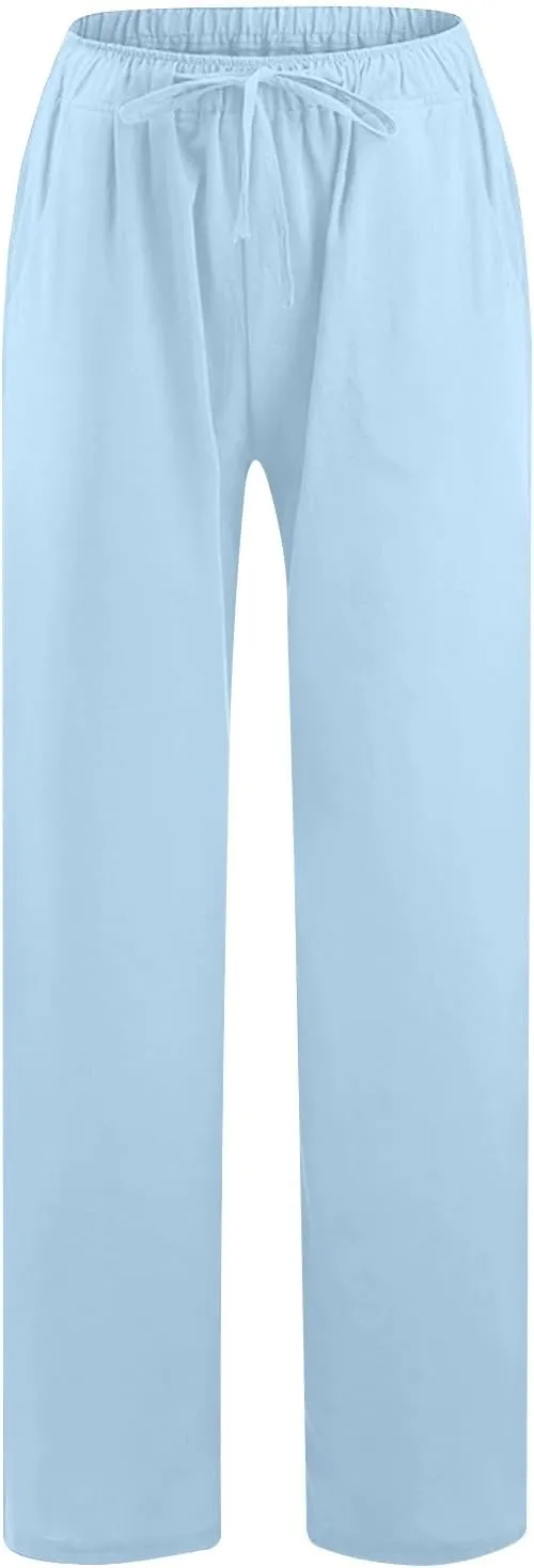 jsaierl Women Linen Wide Leg Pants Summer Loose Flowy Palazzo Pants Drawstring High Waisted Beach Pants Trousers with Pockets
