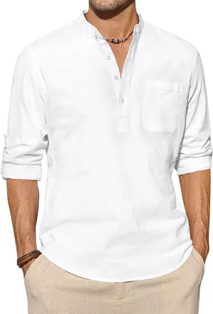 J.VER Men's Linen Roll Up Long Sleeve Shirt Cotton Casual Beach Shirts Henley T-Shirt Band Collar Vacation Tops with Pocket