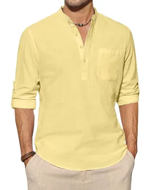 J.VER Men's Linen Roll Up Long Sleeve Shirt Cotton Casual Beach Shirts Henley T-Shirt Band Collar Vacation Tops with Pocket