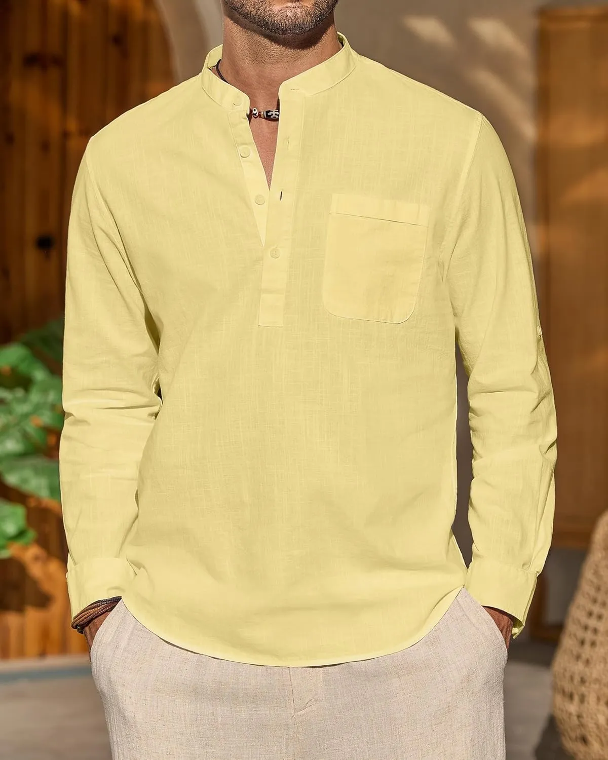 J.VER Men's Linen Roll Up Long Sleeve Shirt Cotton Casual Beach Shirts Henley T-Shirt Band Collar Vacation Tops with Pocket