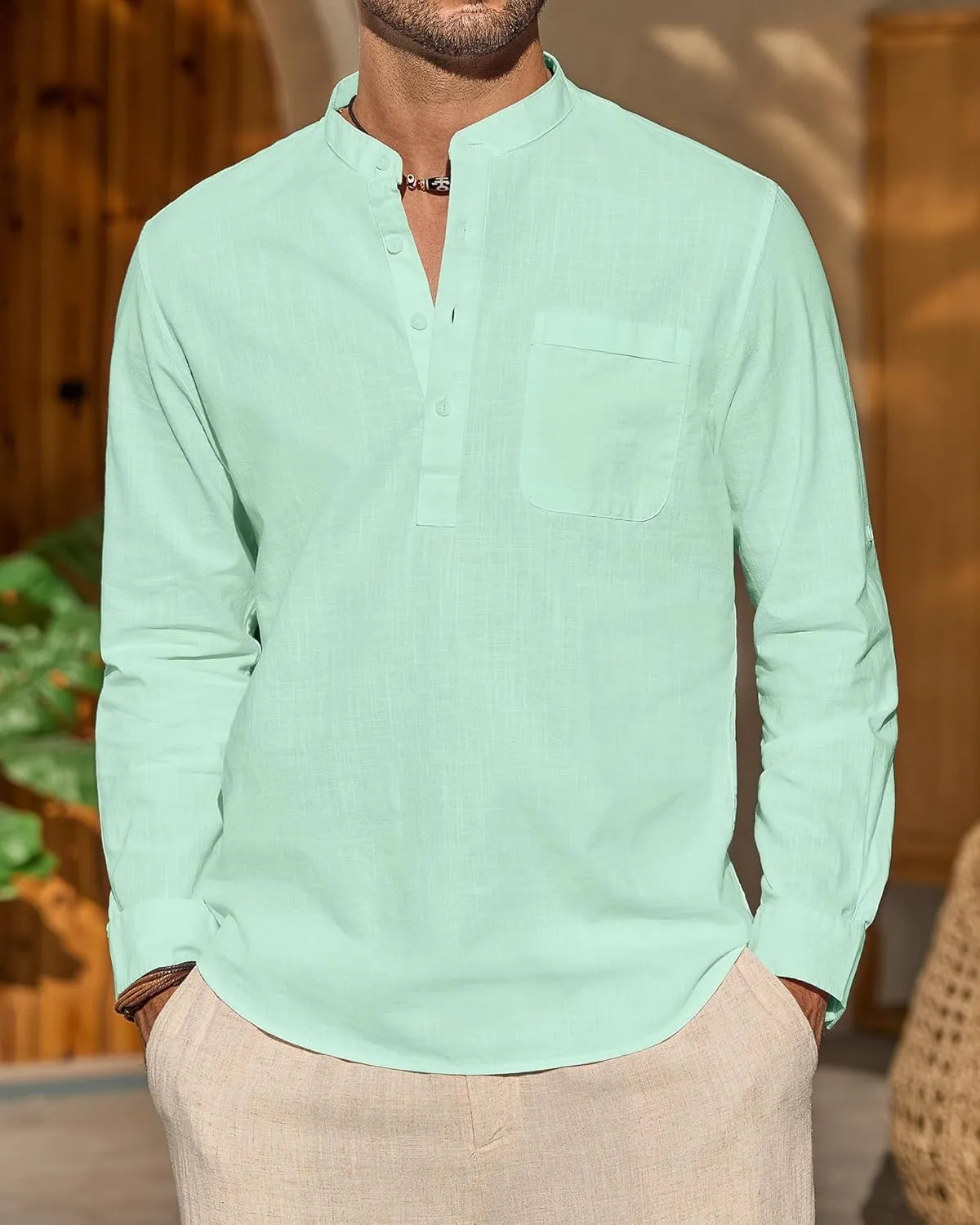 J.VER Men's Linen Roll Up Long Sleeve Shirt Cotton Casual Beach Shirts Henley T-Shirt Band Collar Vacation Tops with Pocket