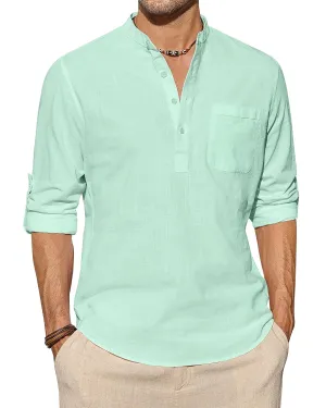 J.VER Men's Linen Roll Up Long Sleeve Shirt Cotton Casual Beach Shirts Henley T-Shirt Band Collar Vacation Tops with Pocket