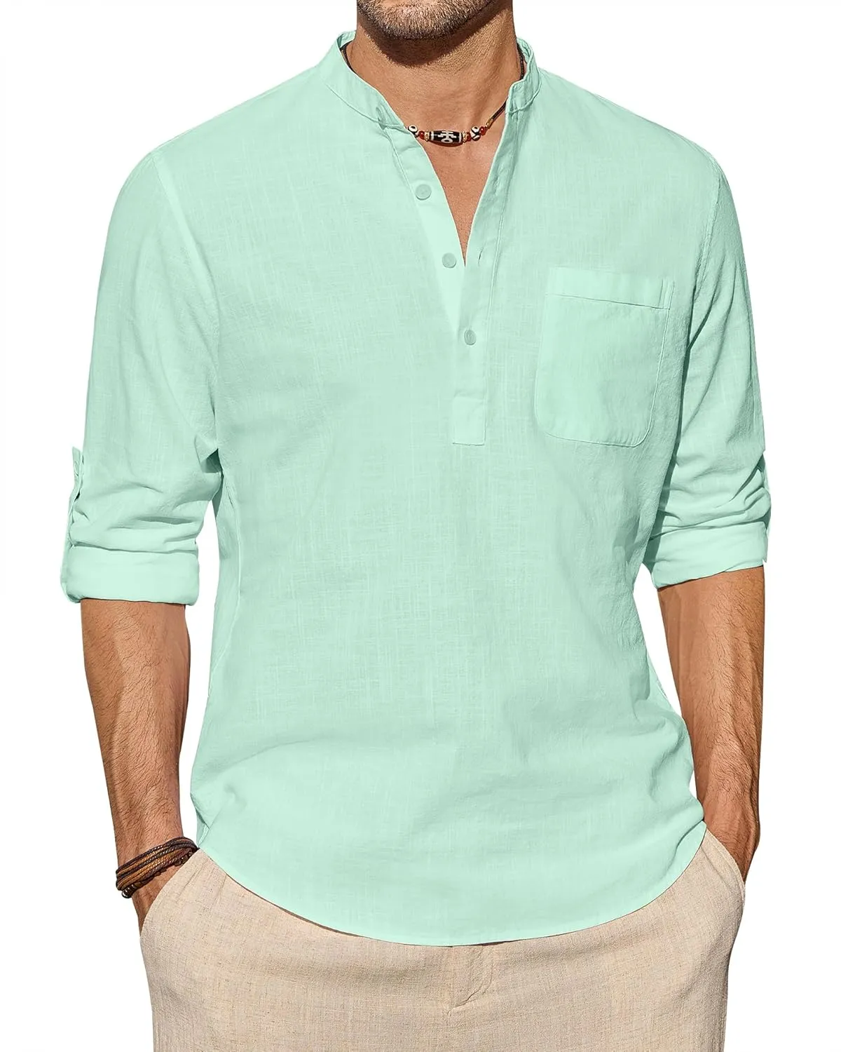 J.VER Men's Linen Roll Up Long Sleeve Shirt Cotton Casual Beach Shirts Henley T-Shirt Band Collar Vacation Tops with Pocket