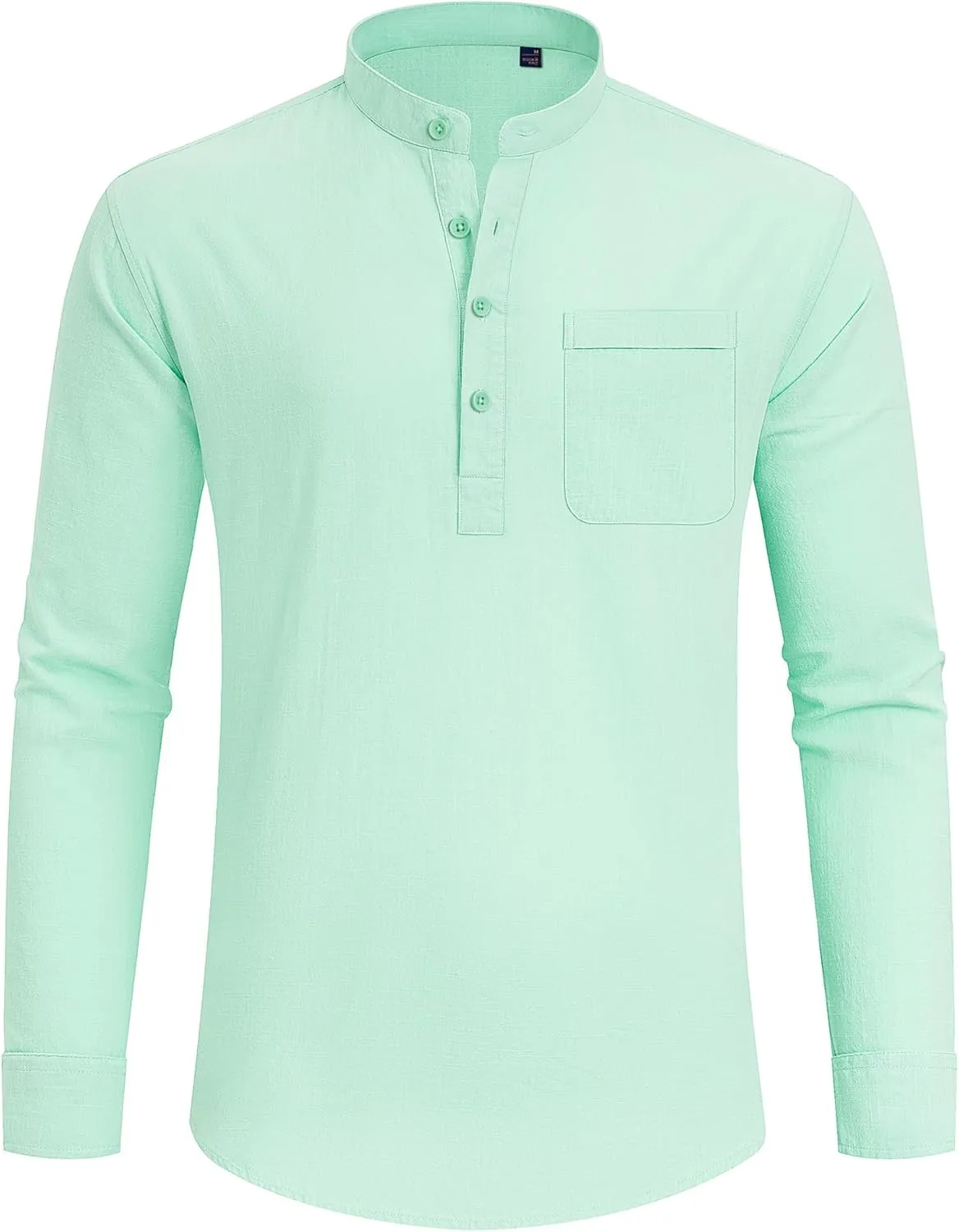 J.VER Men's Linen Roll Up Long Sleeve Shirt Cotton Casual Beach Shirts Henley T-Shirt Band Collar Vacation Tops with Pocket