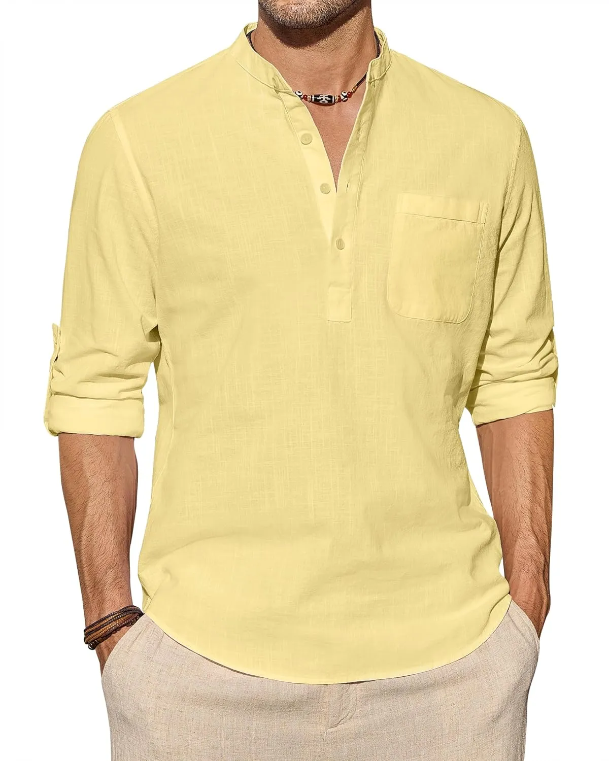 J.VER Men's Linen Roll Up Long Sleeve Shirt Cotton Casual Beach Shirts Henley T-Shirt Band Collar Vacation Tops with Pocket