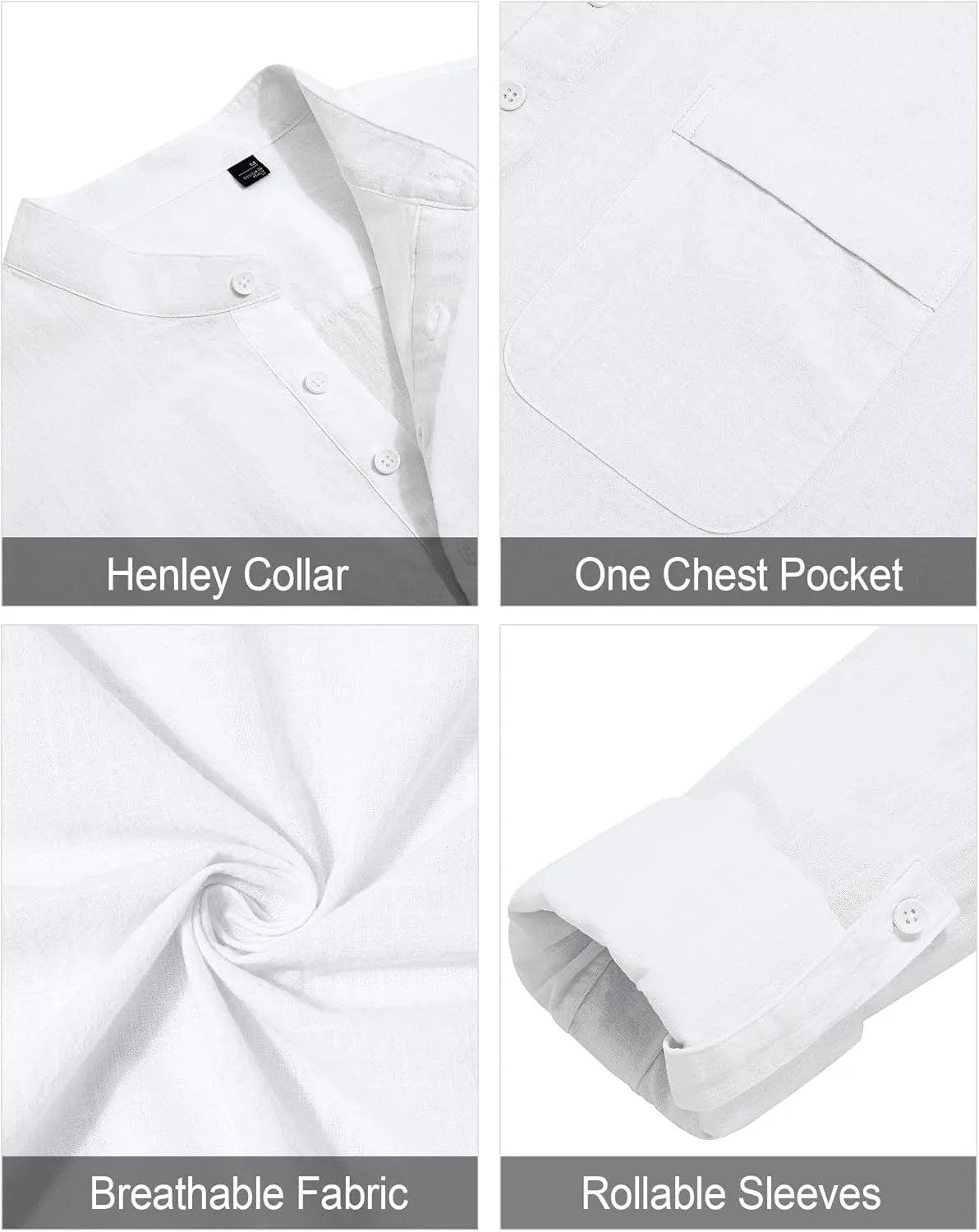 J.VER Men's Linen Roll Up Long Sleeve Shirt Cotton Casual Beach Shirts Henley T-Shirt Band Collar Vacation Tops with Pocket