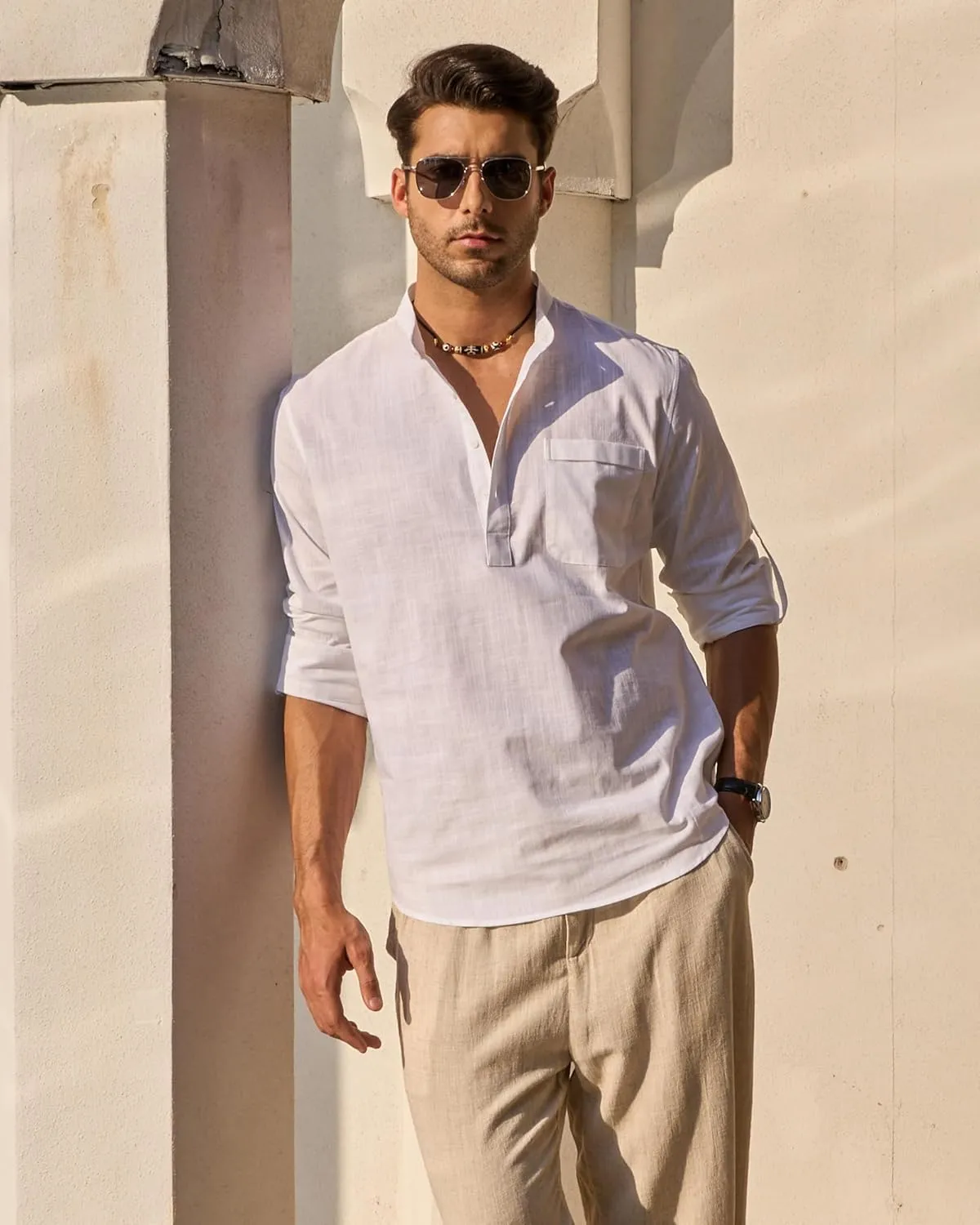 J.VER Men's Linen Roll Up Long Sleeve Shirt Cotton Casual Beach Shirts Henley T-Shirt Band Collar Vacation Tops with Pocket