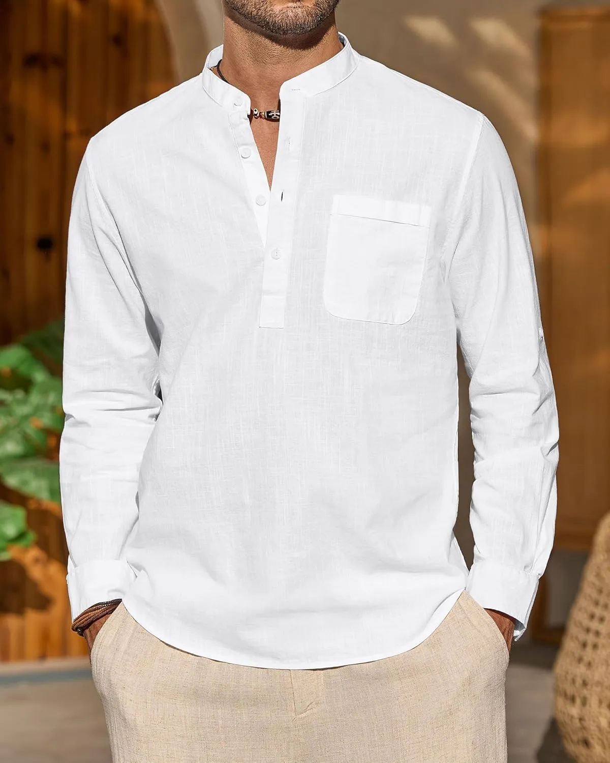 J.VER Men's Linen Roll Up Long Sleeve Shirt Cotton Casual Beach Shirts Henley T-Shirt Band Collar Vacation Tops with Pocket