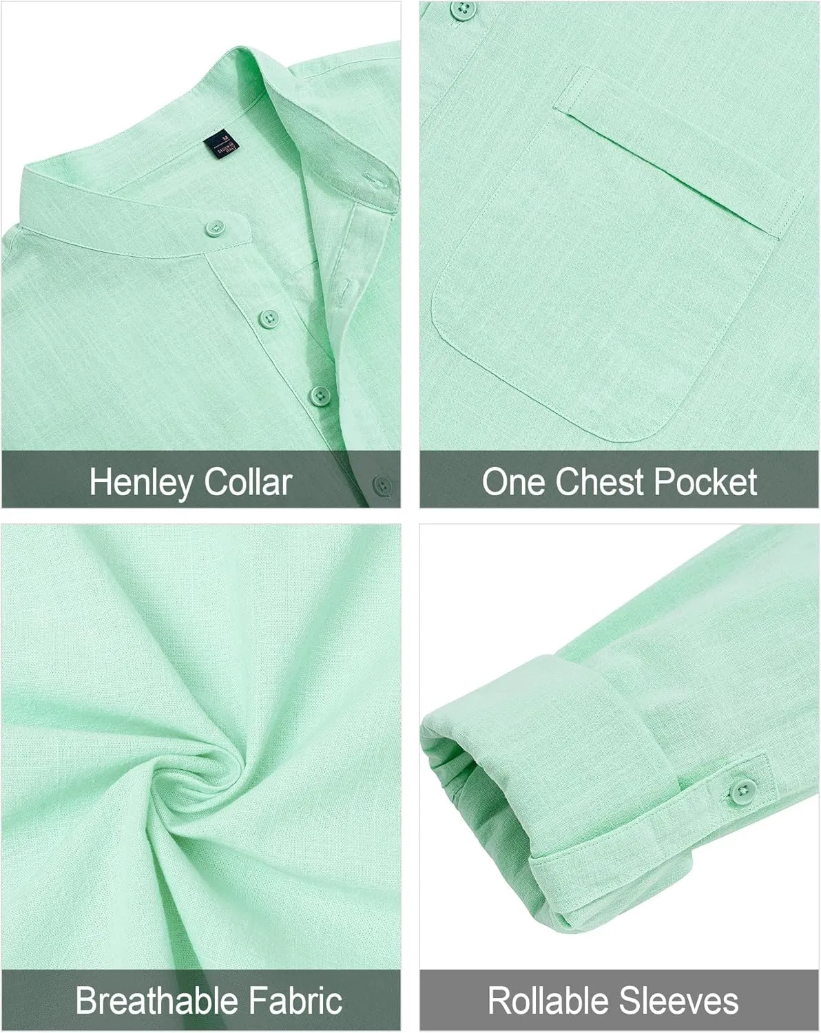 J.VER Men's Linen Roll Up Long Sleeve Shirt Cotton Casual Beach Shirts Henley T-Shirt Band Collar Vacation Tops with Pocket