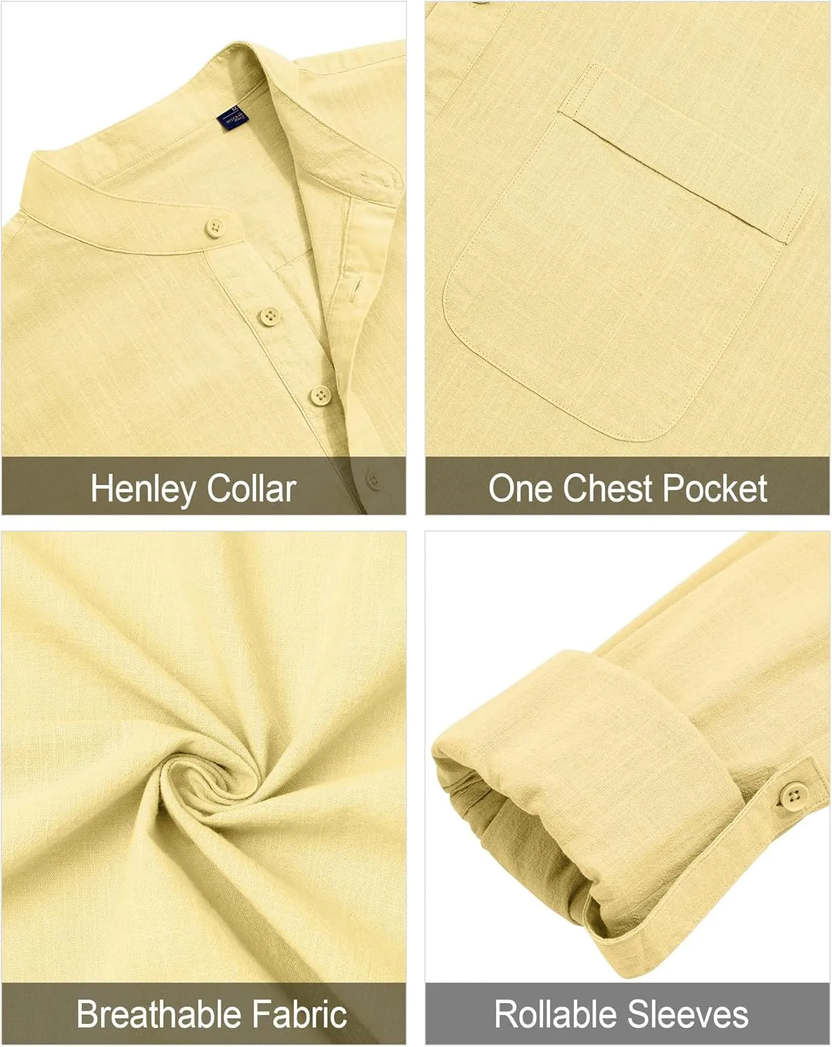 J.VER Men's Linen Roll Up Long Sleeve Shirt Cotton Casual Beach Shirts Henley T-Shirt Band Collar Vacation Tops with Pocket