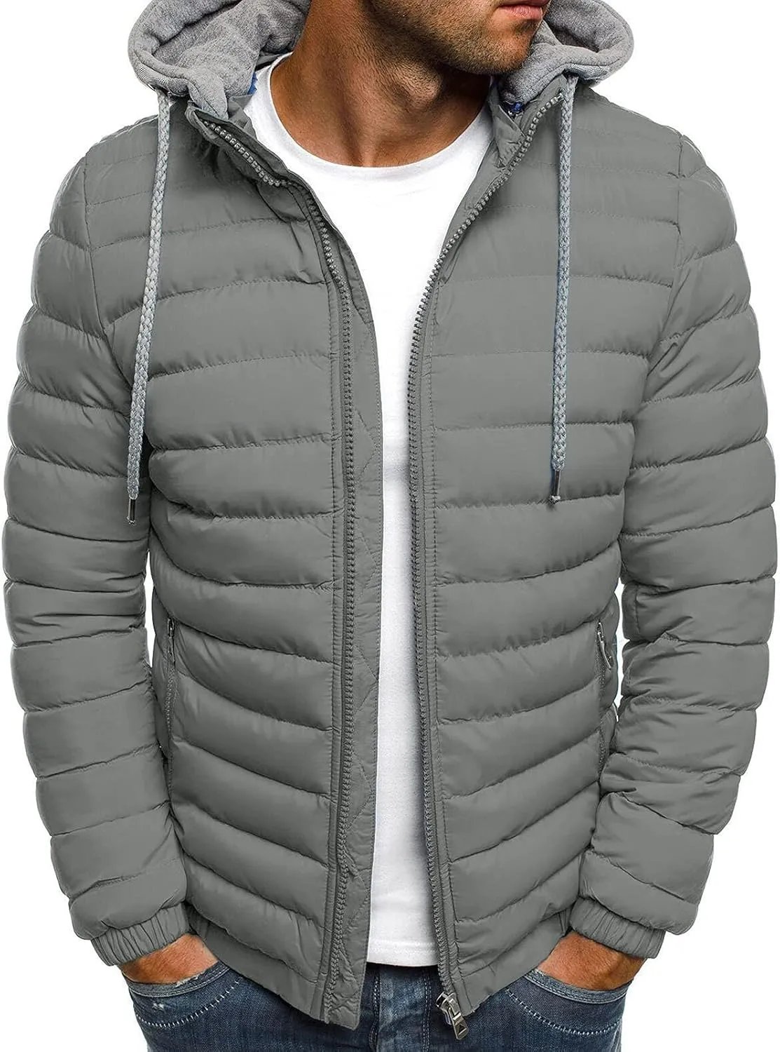 Karwuiio Men Winter Down Jackets & Coats Long Sleeves Solid Color Zip-Up Puffer Hooded Coats with Pockets