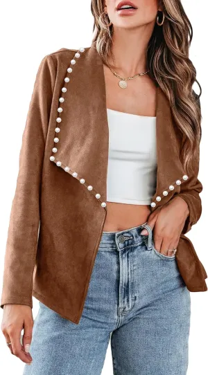 Kedera Womens Faux Suede Jackets With Pearls Fall Fashion 2024 Outfits Open Front Cropped Biker Bomber Coat Outwear