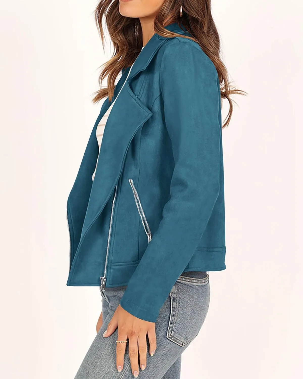KIRUNDO Womens Faux Suede Jacket 2024 Fall Winter Clothes Casual Zipper Cropped Coat Bomber Biker Moto Jackets Outwear