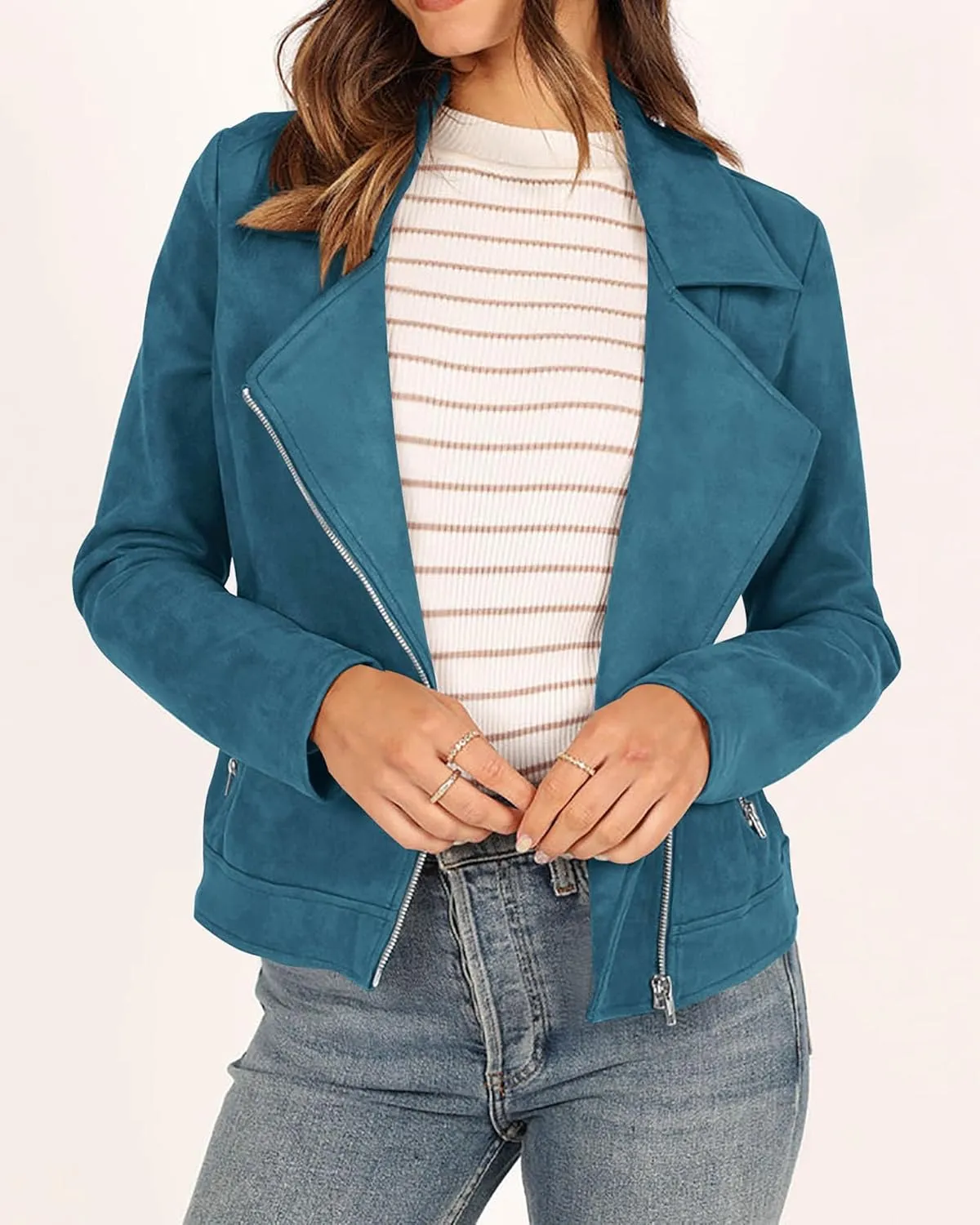 KIRUNDO Womens Faux Suede Jacket 2024 Fall Winter Clothes Casual Zipper Cropped Coat Bomber Biker Moto Jackets Outwear